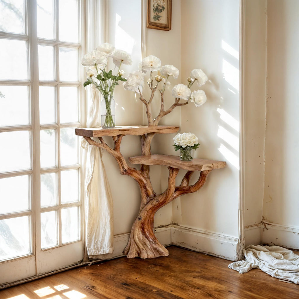 Corner floating console table tree branch driftwood entryway table solid wood plant stand rustic handmade furniture