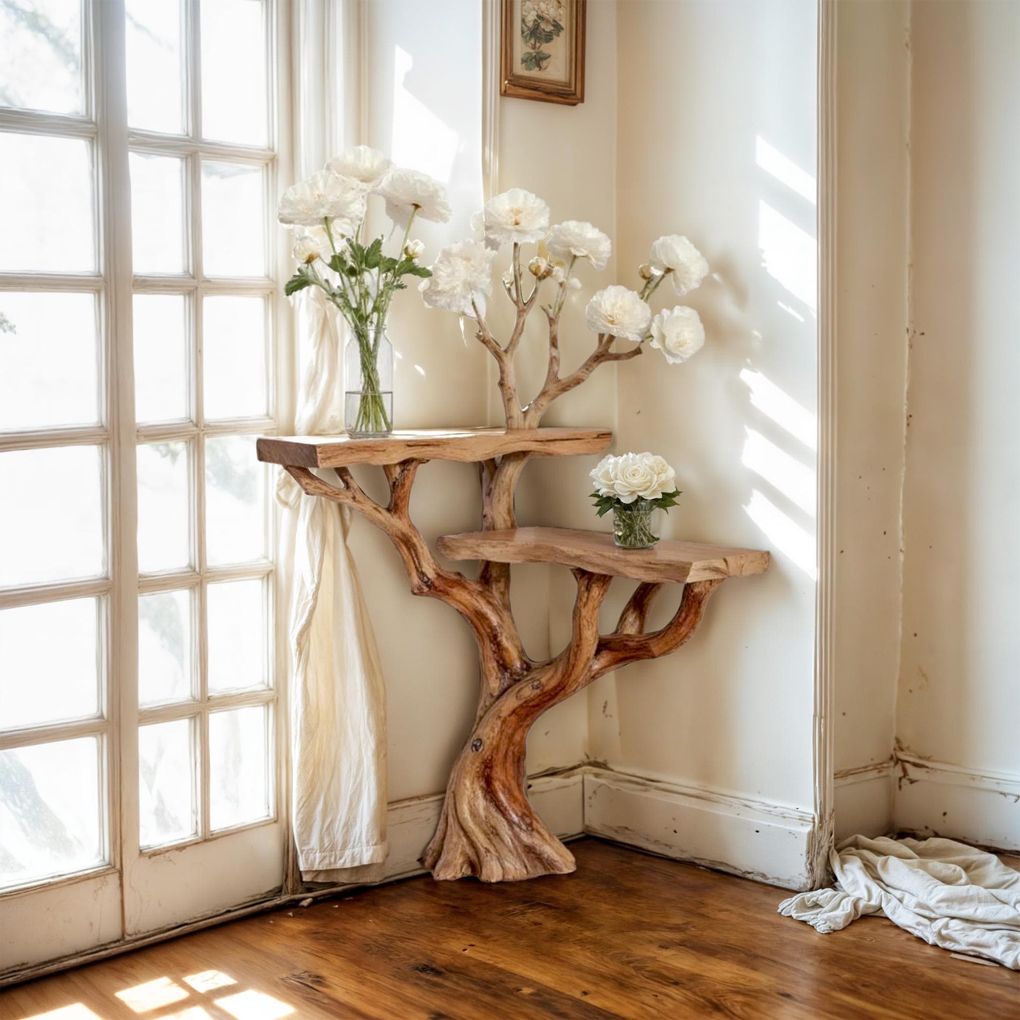 Corner floating console table tree branch driftwood entryway table solid wood plant stand rustic handmade furniture