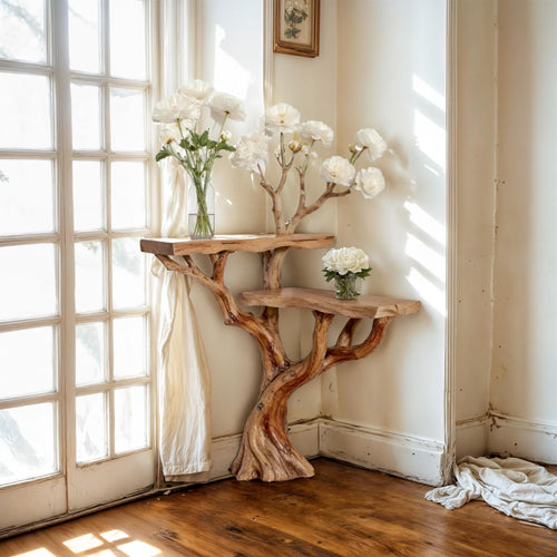 Corner floating console table tree branch driftwood entryway table solid wood plant stand rustic handmade furniture