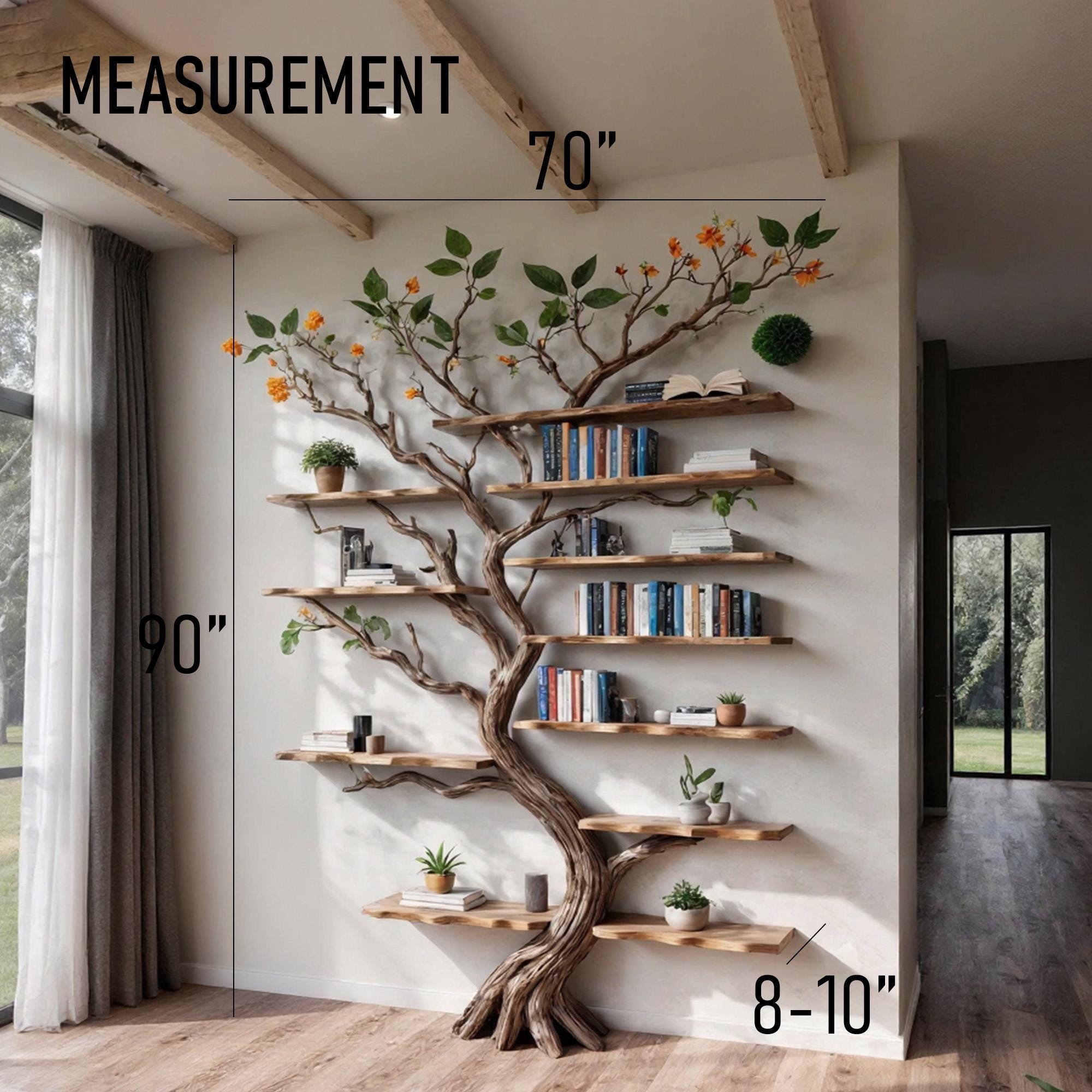 Tree branch book shelf floor bookcase solid wood driftwood shelving wall mounted shelves wood carving art