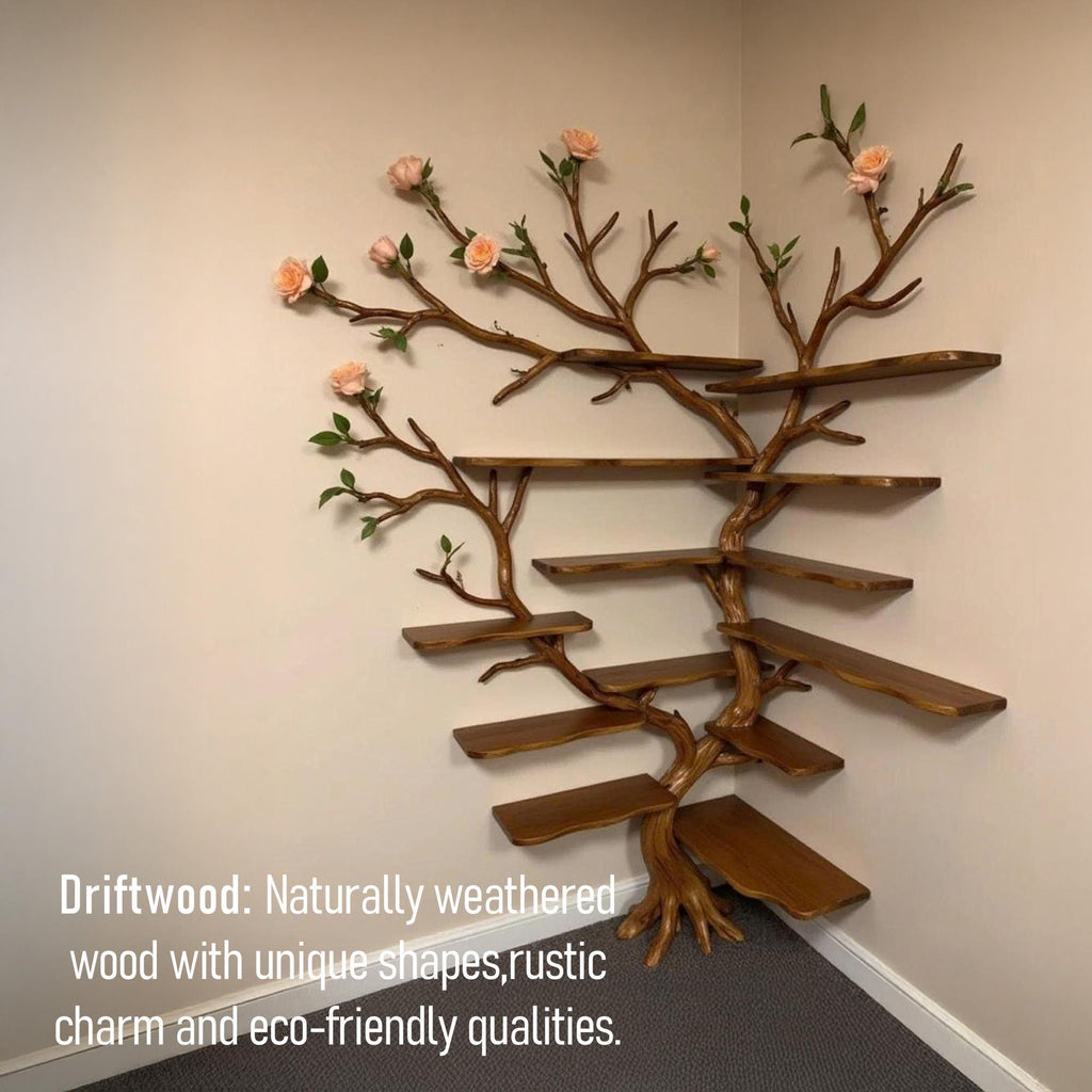 Corner driftwood tree bookshelf wall mount solid wood scupltured bookcase wood furniture decoration