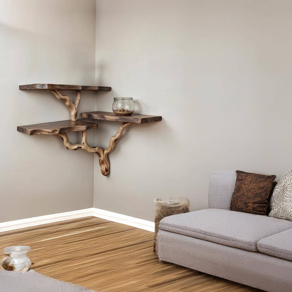 Driftwood corner wall shelf natural solidwood bookshelf art tree bracnh bookshelves unique floating shelves wall mount handmade furniture