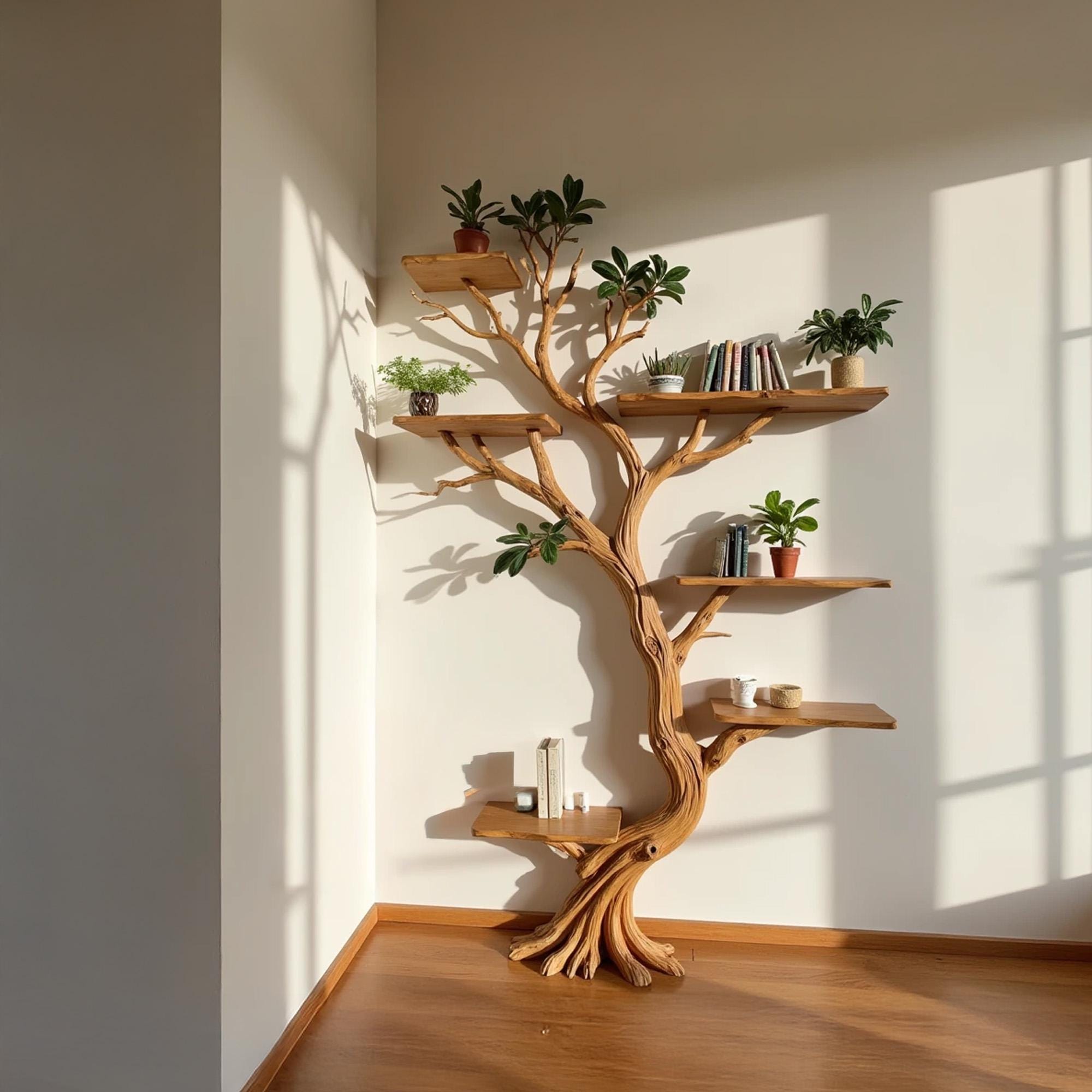 Driftwood branch shelf tree bookshelf art solid wood bookcase home decor