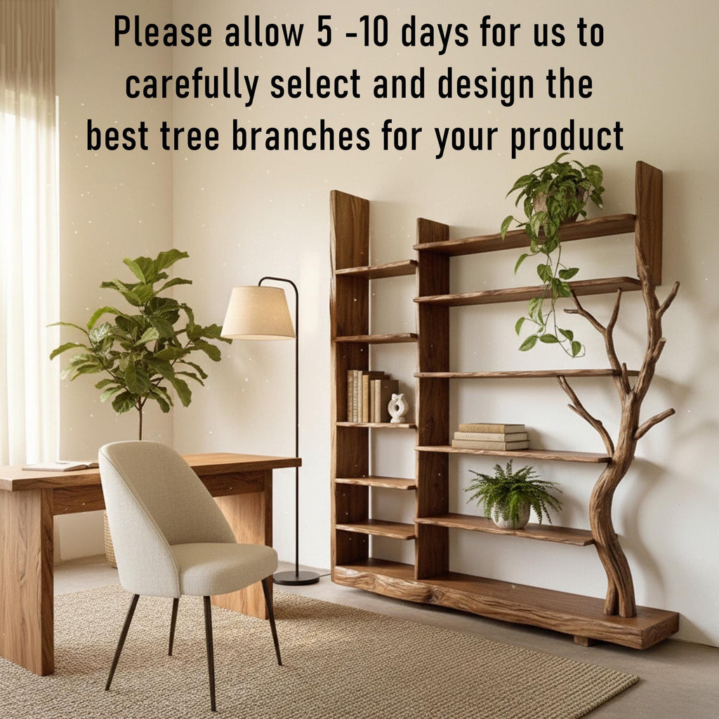 Handmade tree branch bookshelf solid wood live edge furniture display shelf bookcase decoration