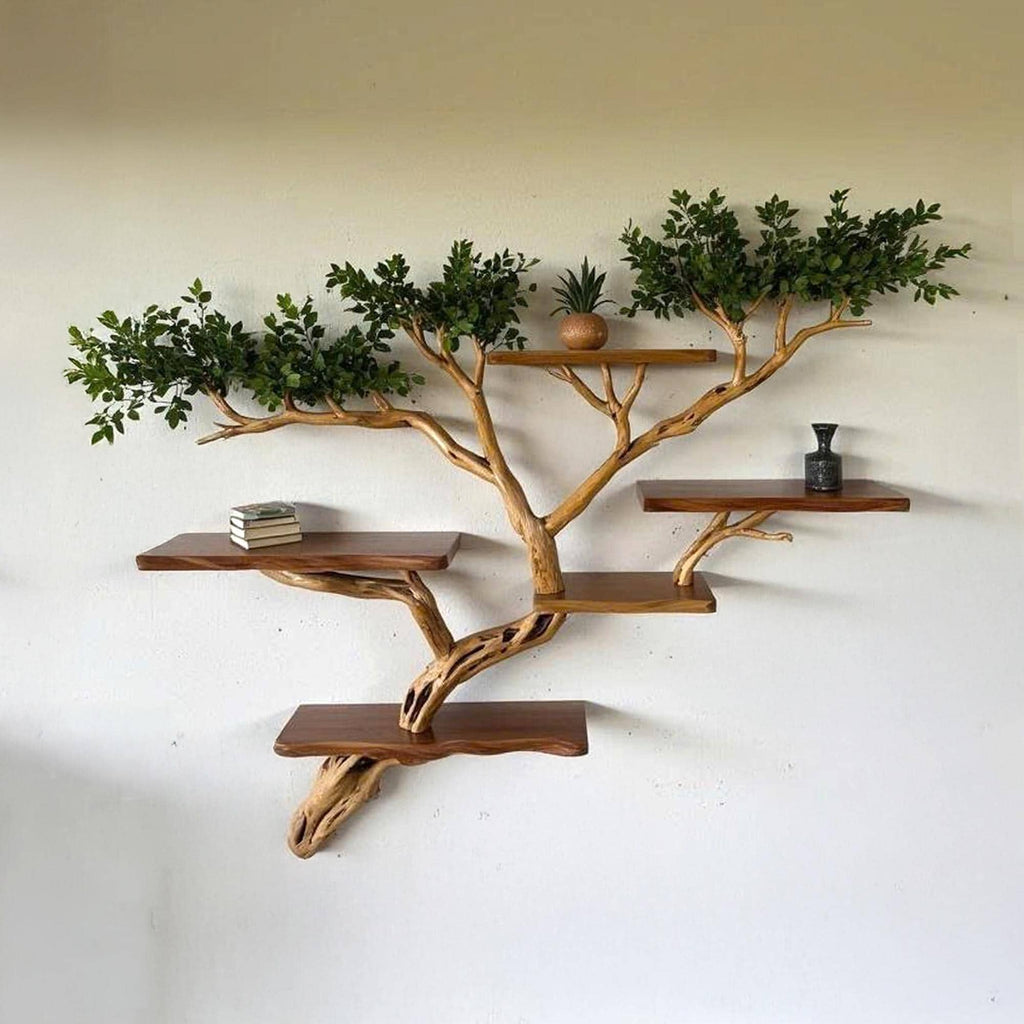 Tree branch bookshelf floating live edge shelf fake leaf wall mount tree shelf handcraft solid wood furniture