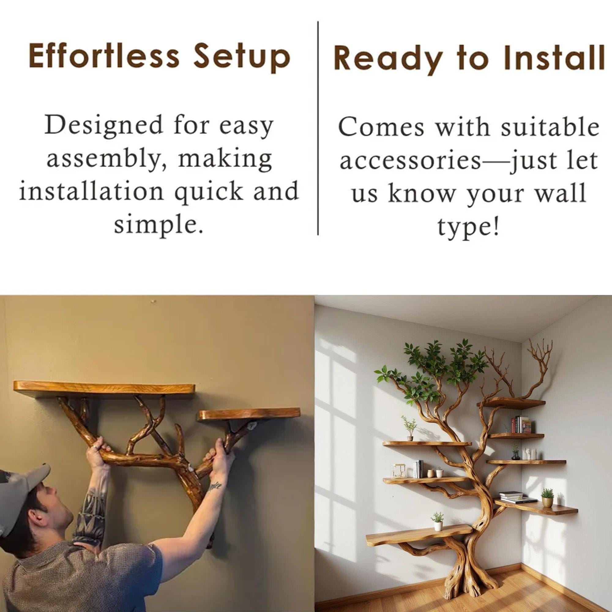 Corner tree floating bookshelf tree branch fake leaves bookcase wall mount live edge driftwood shelf