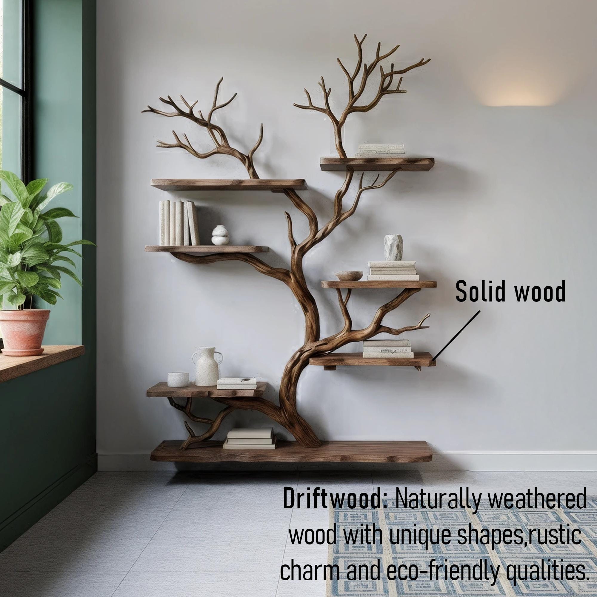 Tree branch bookshelf driftwood live edge floating shelves on wall art home decor