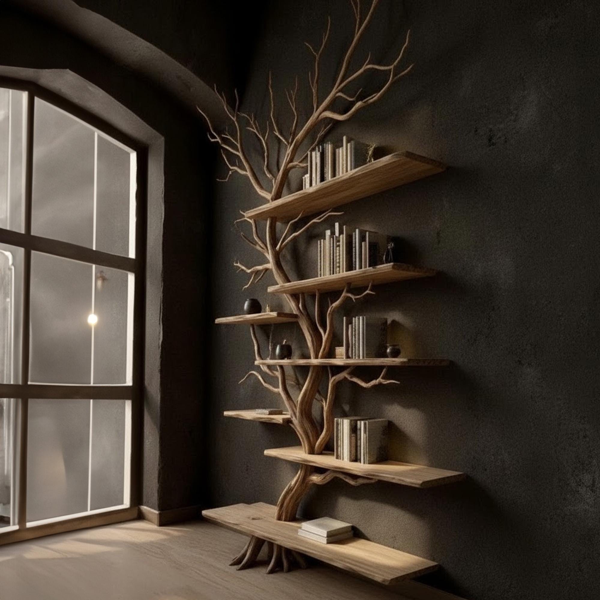 Driftwood tree branch solid wood bookshelf wall mount floating live edge furniture decoration