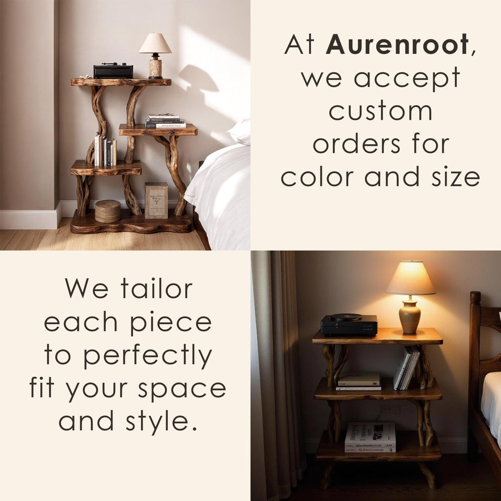 Natural driftwood bookcase nightstand tree branch bookshelf rustic shelving bedside table bedroom furniture