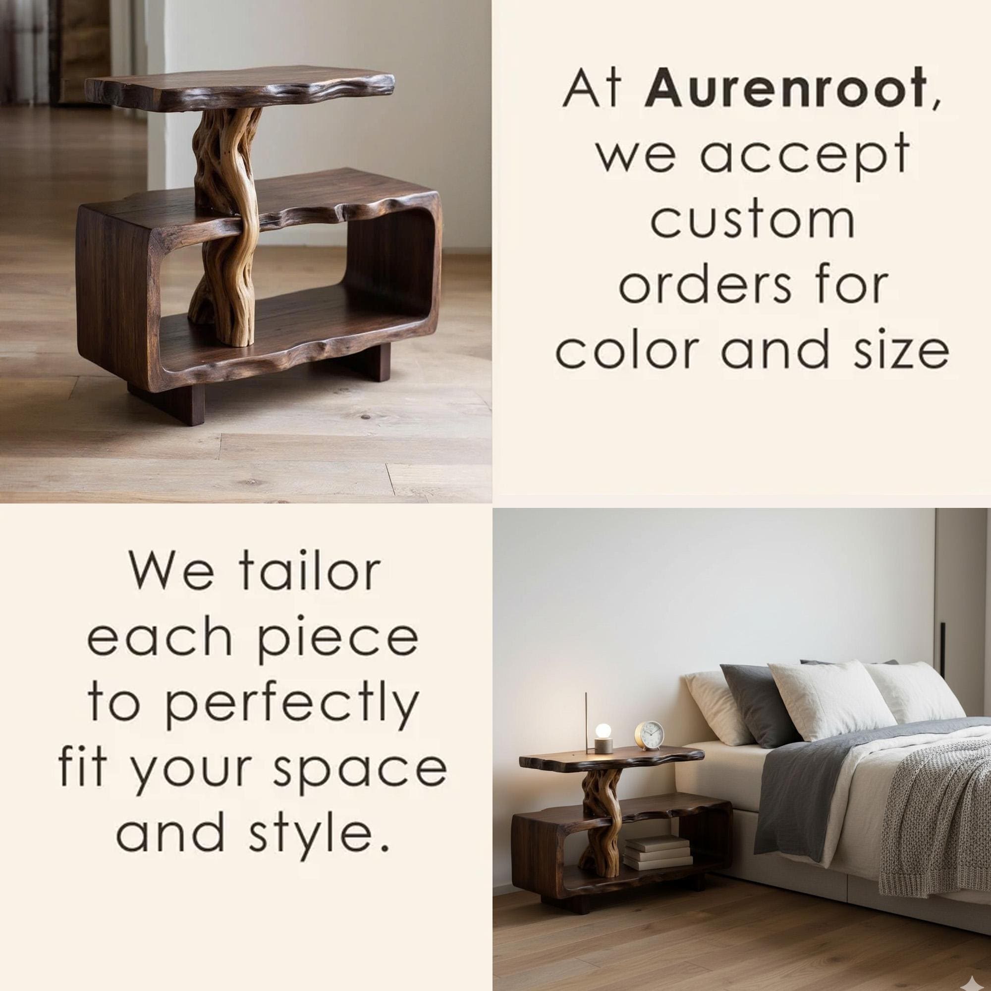 Solid wood side table tree branch bookshelf free standing shelf driftwood art