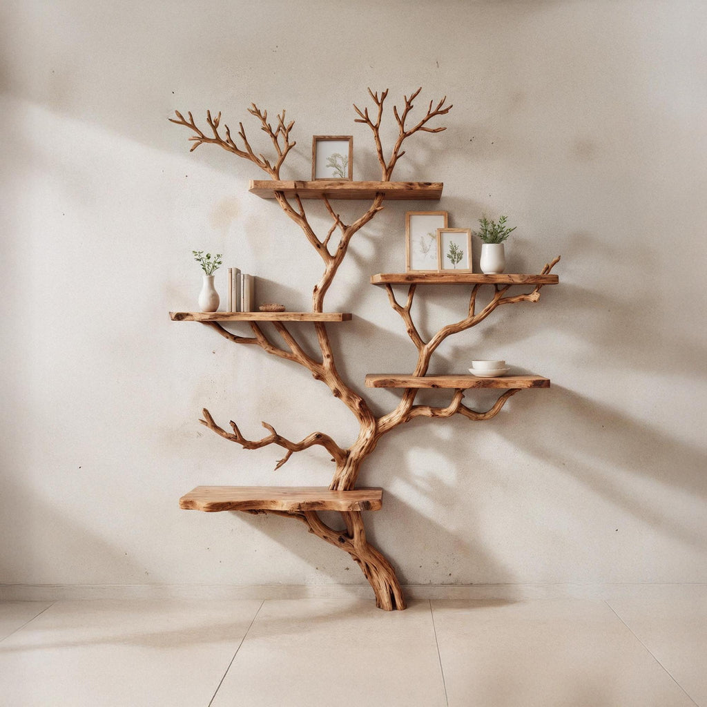 Driftwood branch shelf tree bookshelf wall mounted bookshelves art solid wood bookcase home decor for entryway space