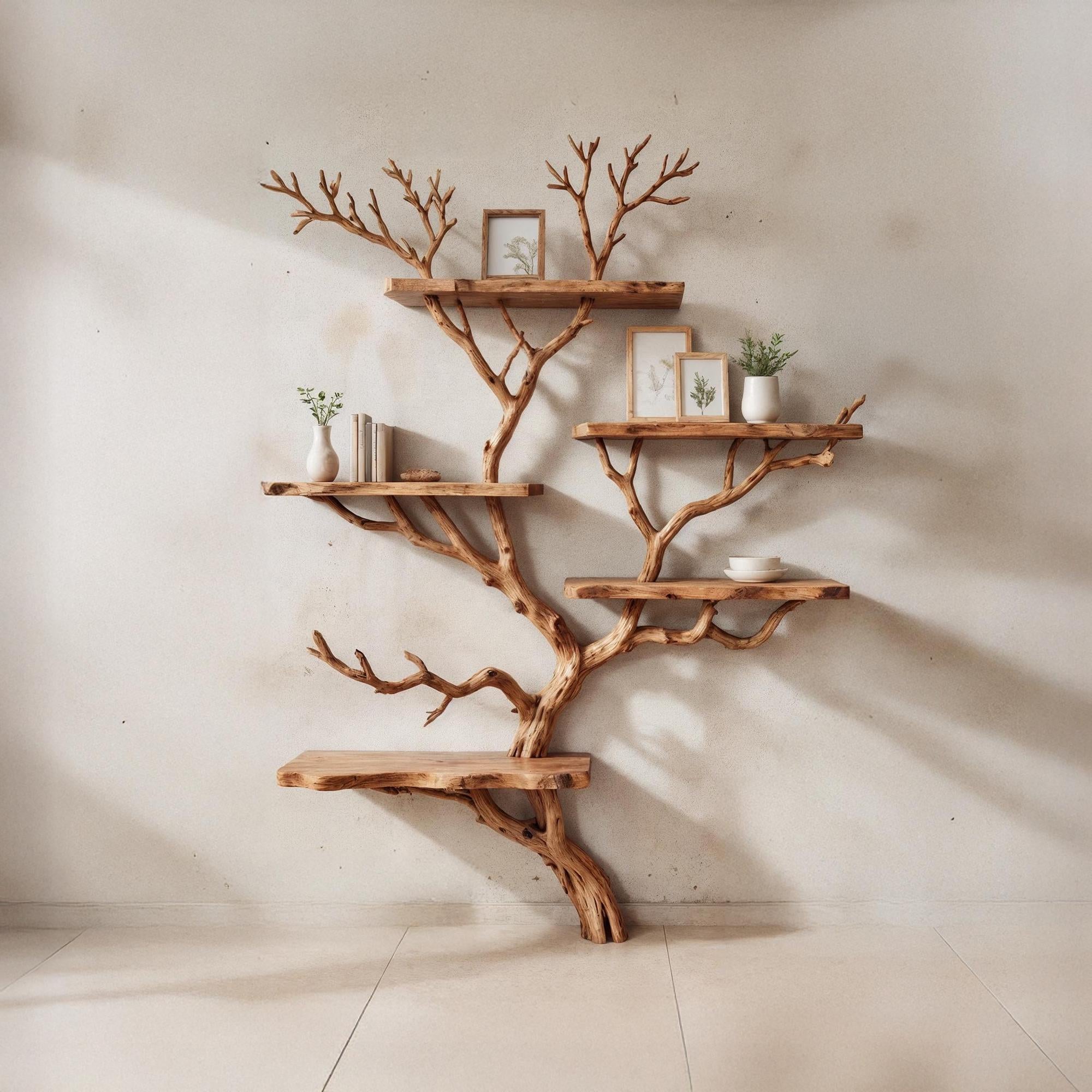 Driftwood branch shelf tree bookshelf wall mounted bookshelves art solid wood bookcase home decor for entryway space