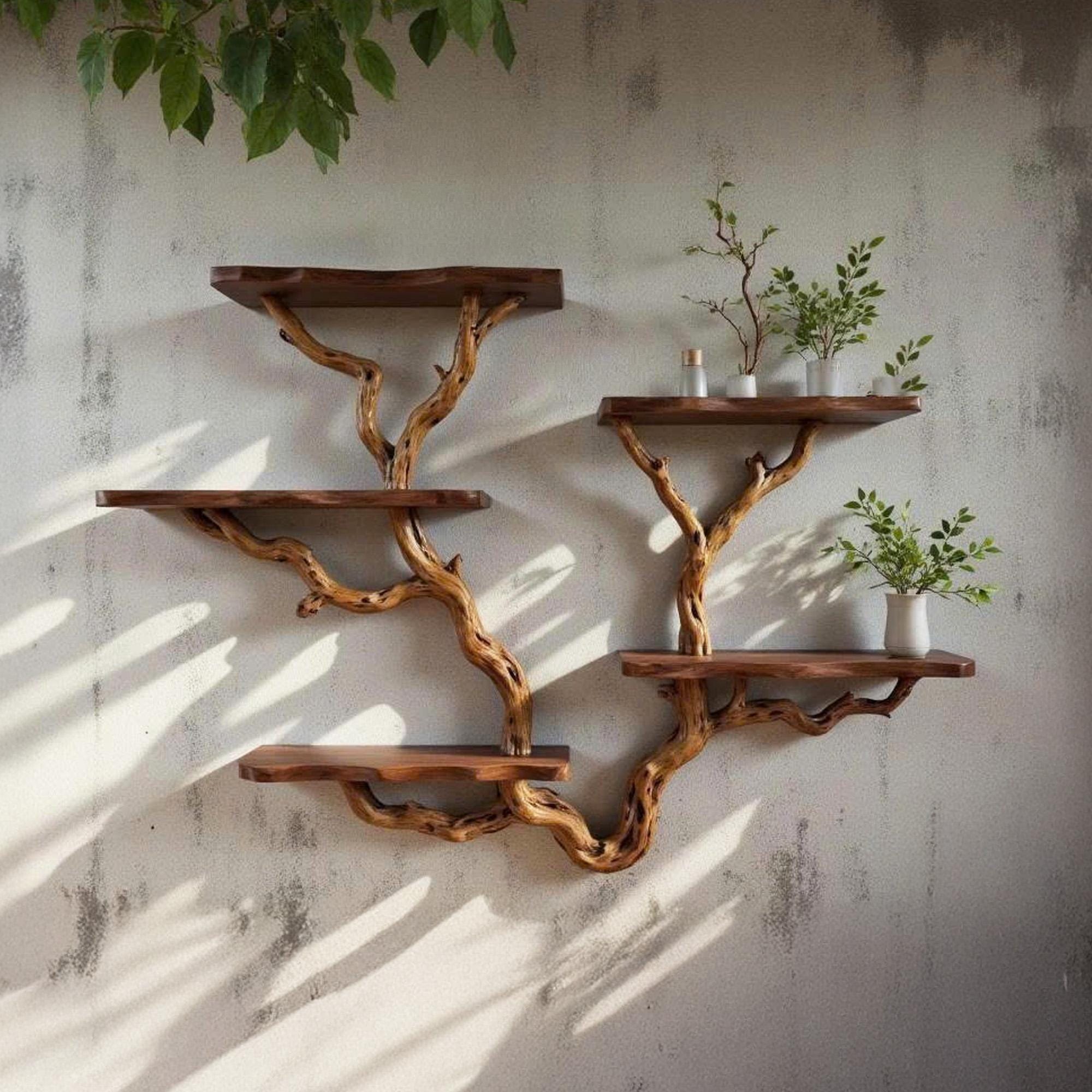 Driftwood floating tree bookshelf walnut color wall mount shelving bookcase solid wood live edge