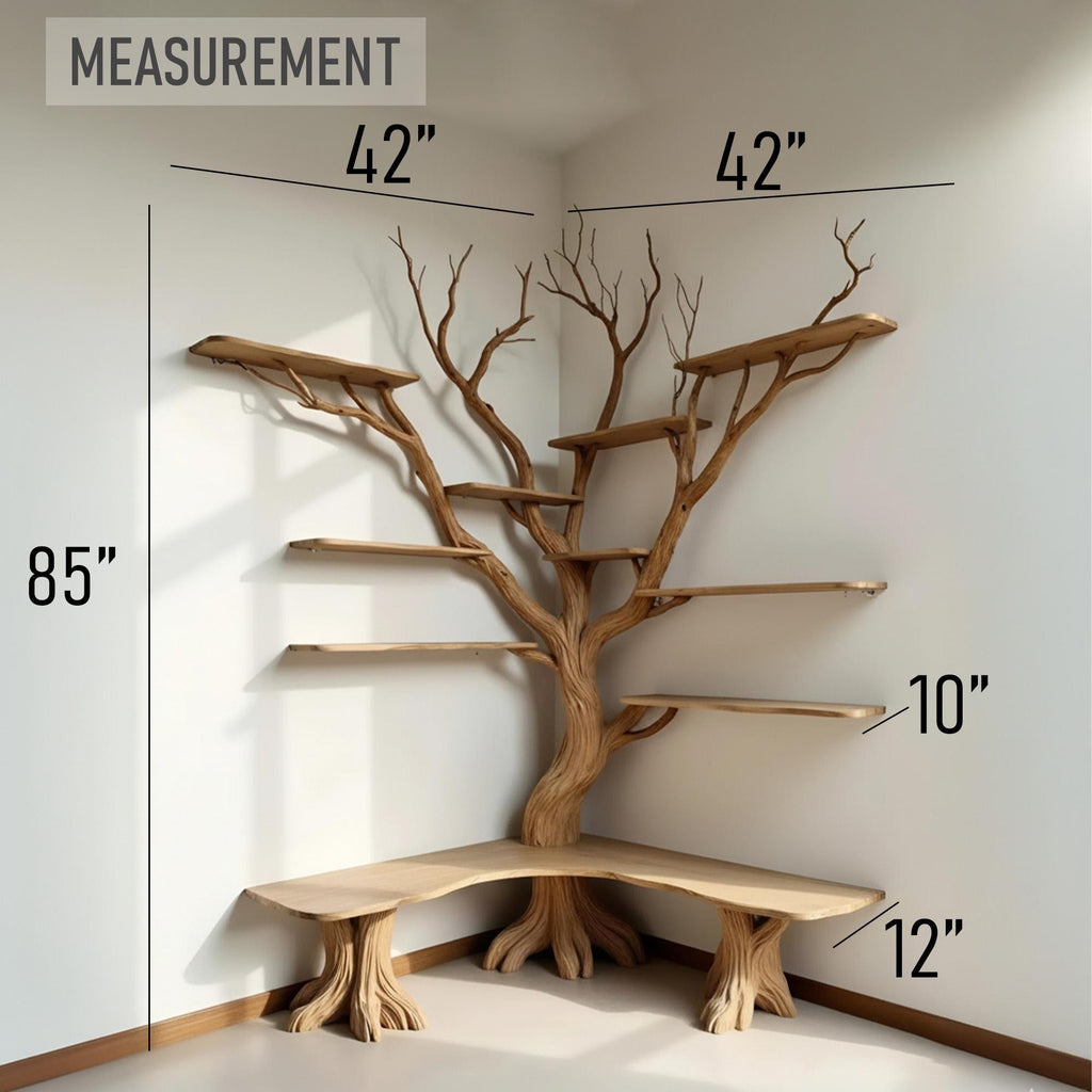 Floor bookcase corner floating wood shelves tree branch shelf on wall driftwood carving