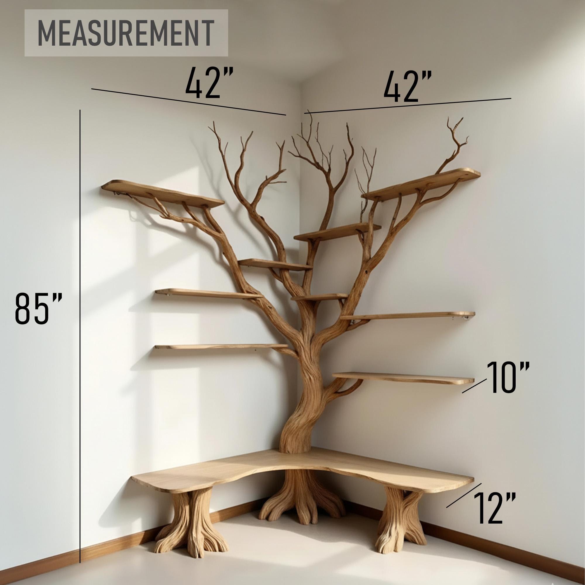 Floor bookcase corner floating wood shelves tree branch shelf on wall driftwood carving