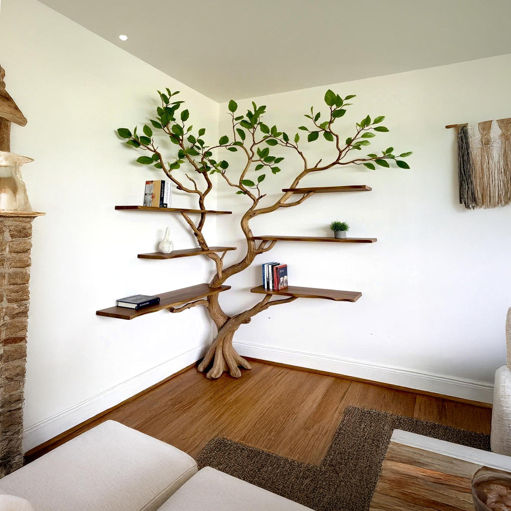 Floating corner tree branch bookshelf live edge wall mount corner driftwood bookcase solid wood shelving furniture centerpiece