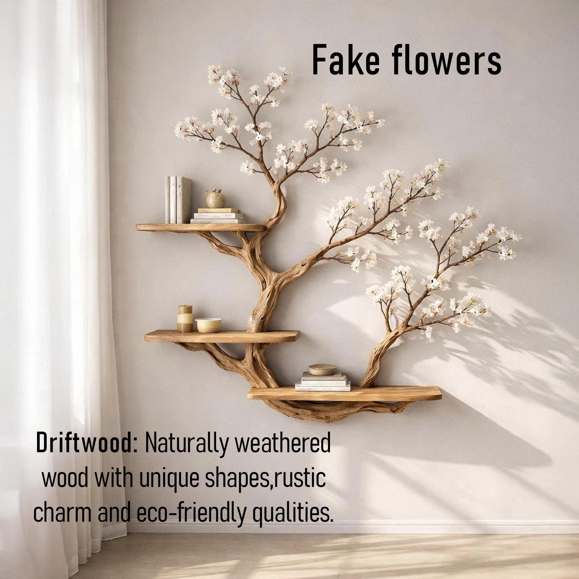 Tree branch bookshelf solid wood display shelf on wall live edge floating shelves art