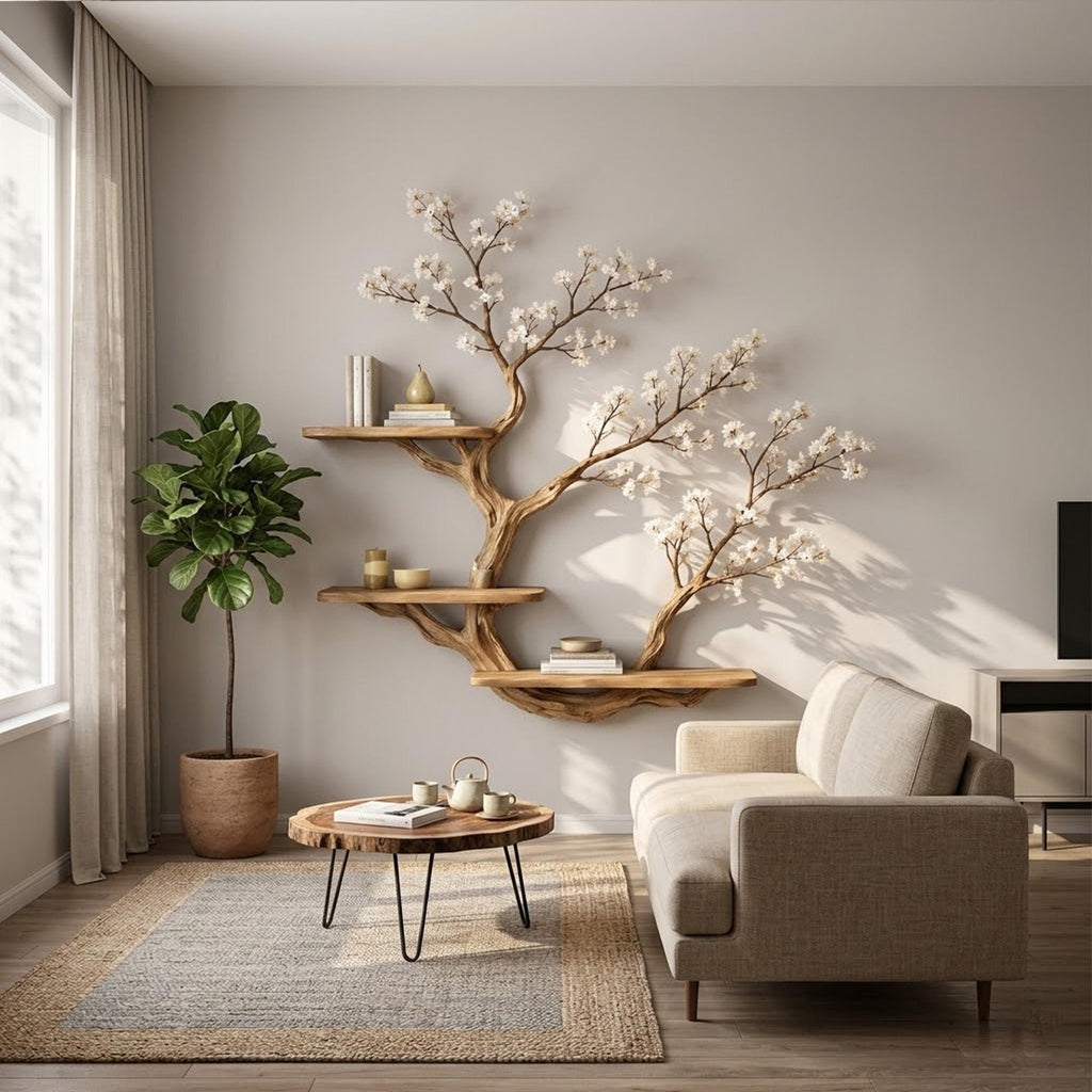 Tree branch bookshelf solid wood display shelf on wall live edge floating shelves art