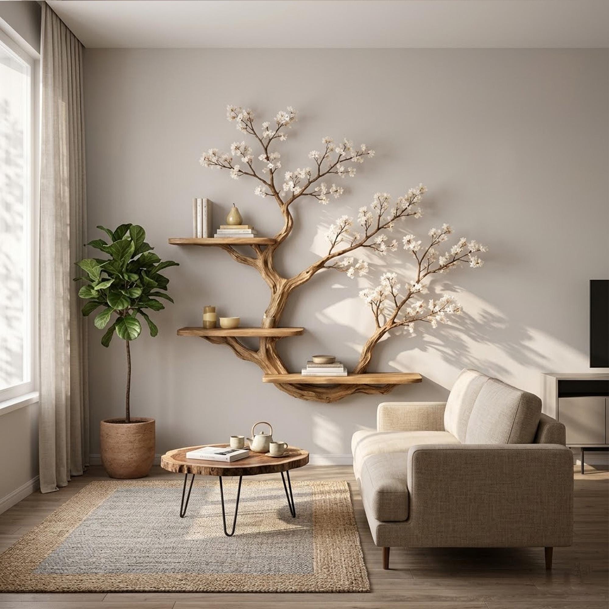 Tree branch bookshelf solid wood display shelf on wall live edge floating shelves art