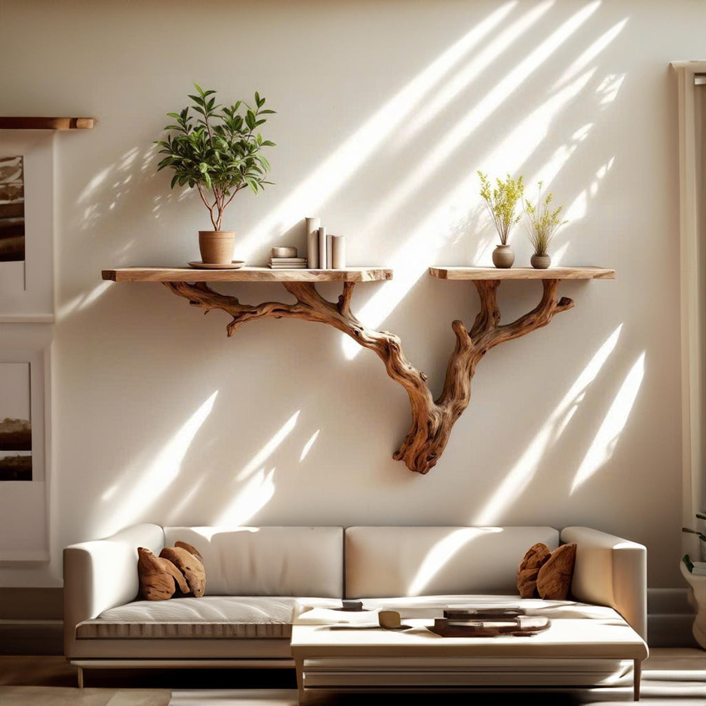 Tree branch bookshelf driftwood shelves art floating wall shelf unique decor gift for him