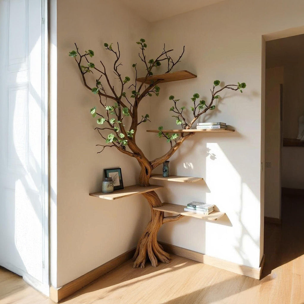 Corner tree branch book shelf standing bookcase solid wood floating shelves on wall driftwood shelving art