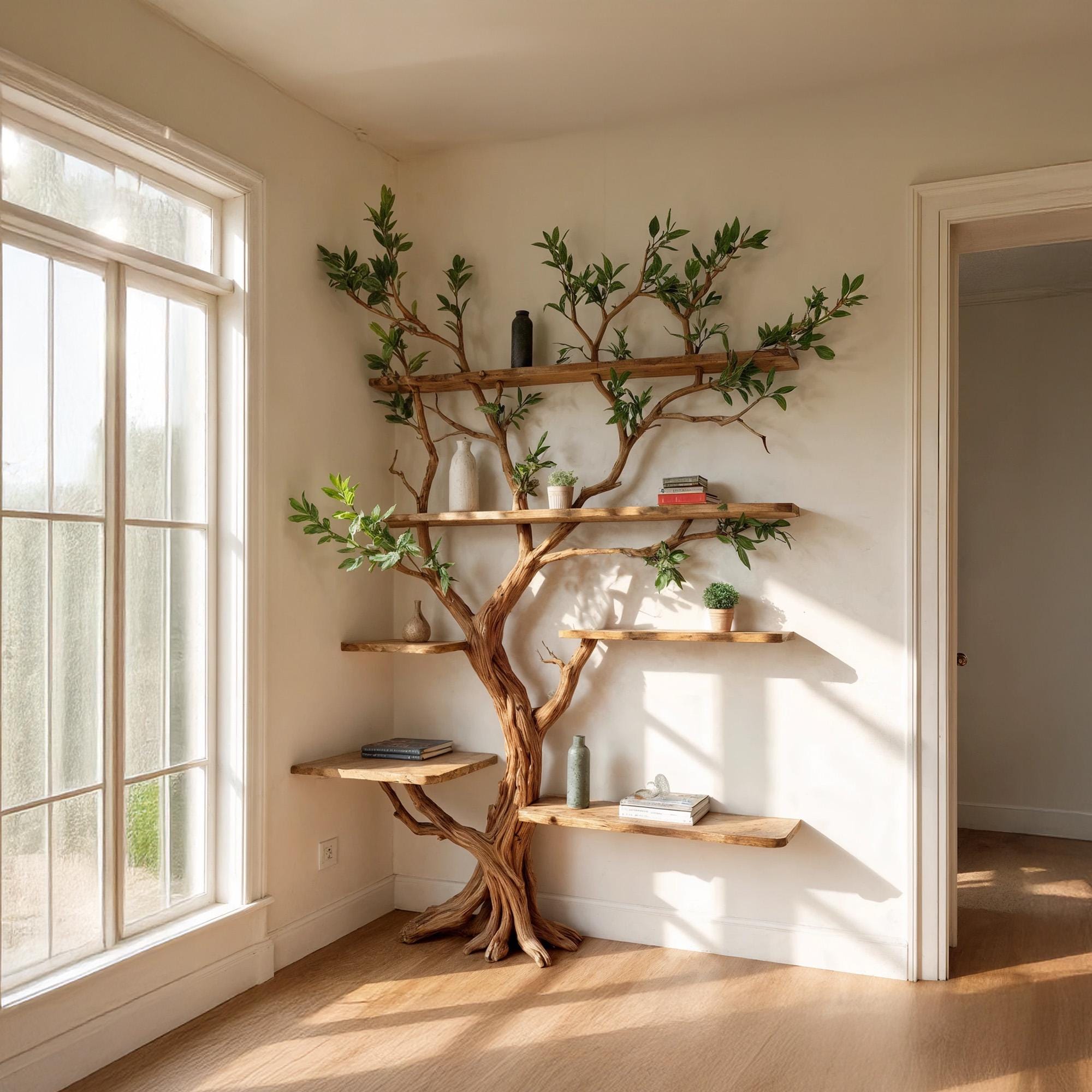 Corner driftwood shelf tree branch bookshelf solid wood bookcase home decor
