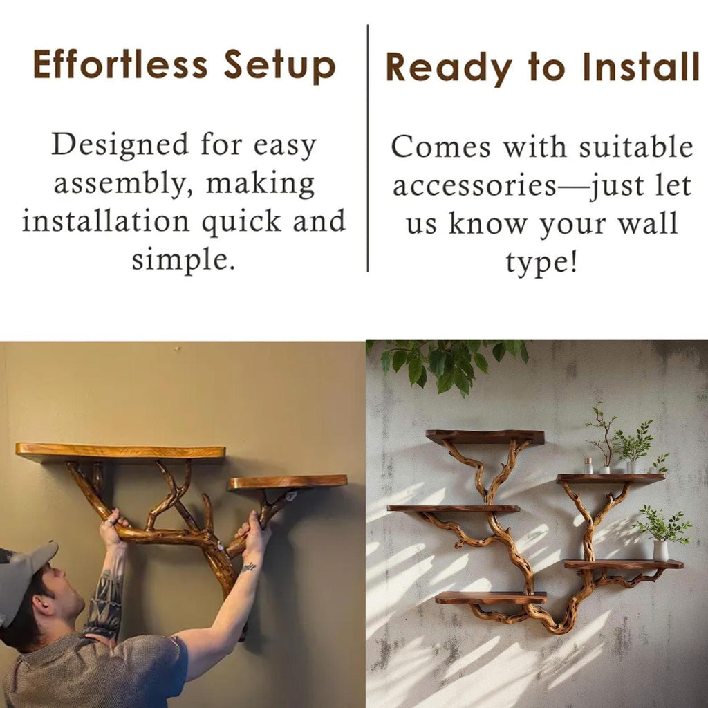 Driftwood floating tree bookshelf walnut color wall mount shelving bookcase solid wood live edge