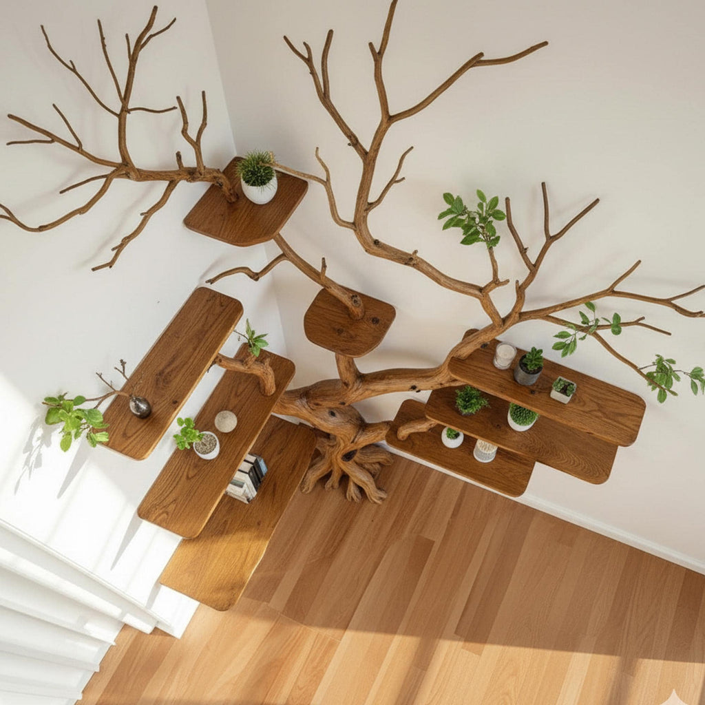 Corner tree branch wall shelves solid wood bookshelf wall mount floating shelf art decor for home