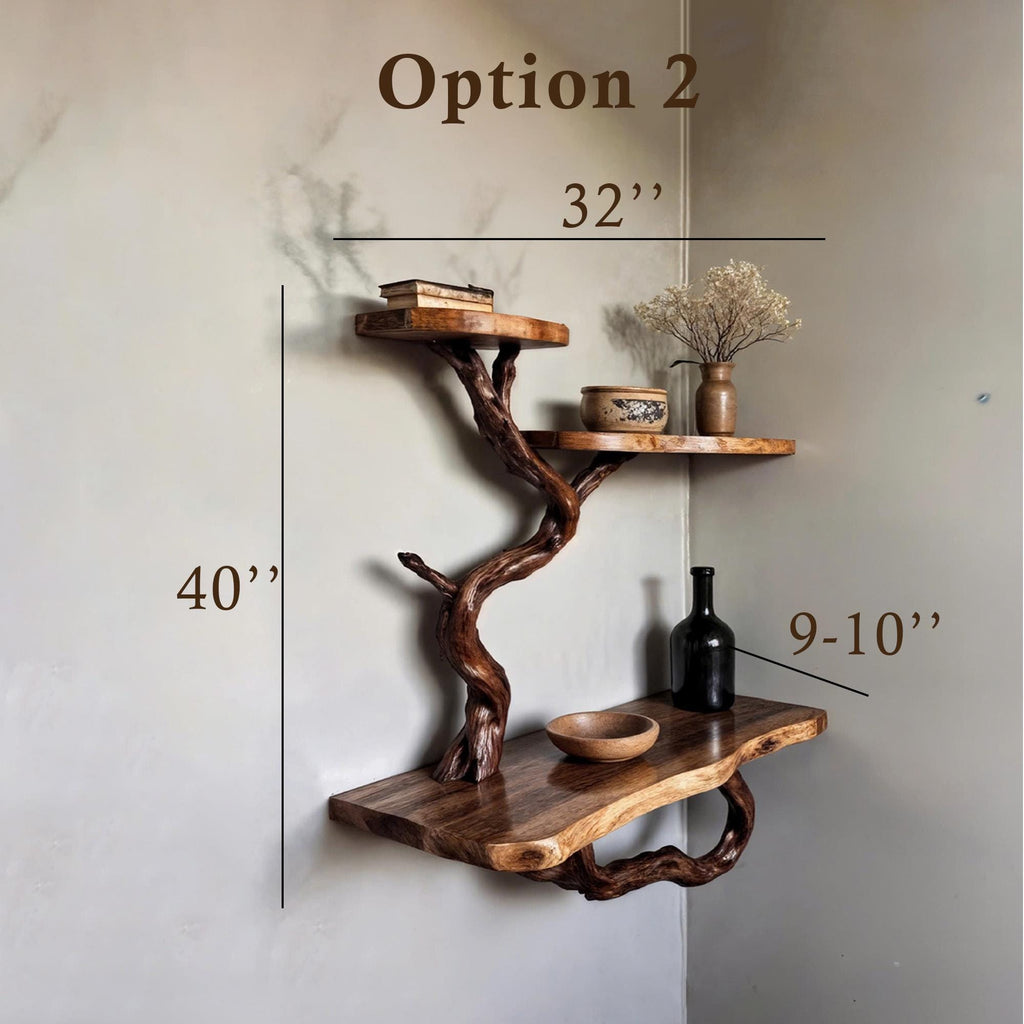 Floating book shelf wood corner tree branch shelves wall mount unique bookshelf decor driftwood art decor for home