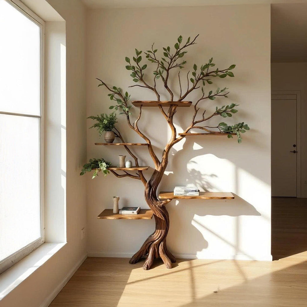 Driftwood branch bookshelf tree floating shelf solid wood bookcase home decor for living room