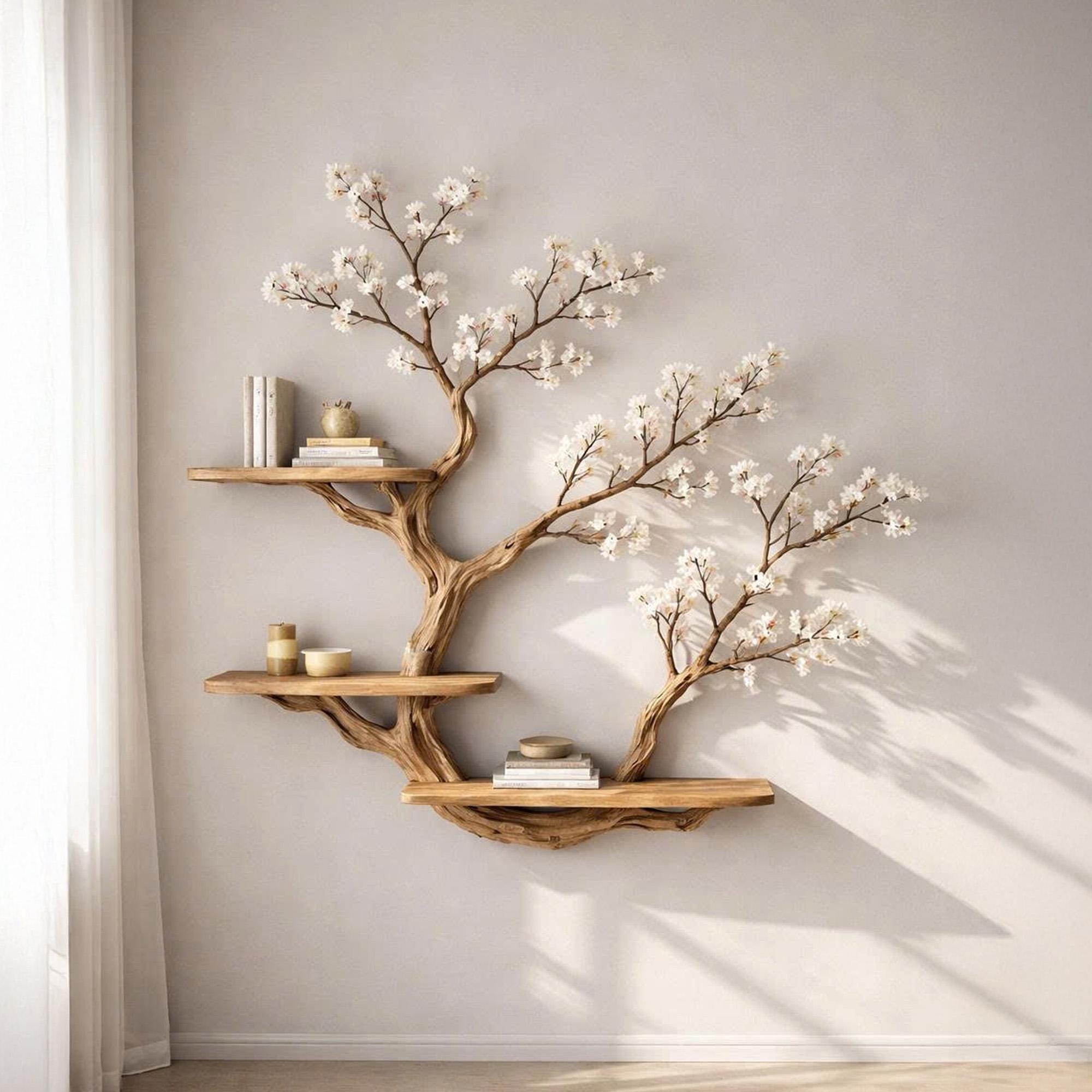 Tree branch bookshelf solid wood display shelf on wall live edge floating shelves art