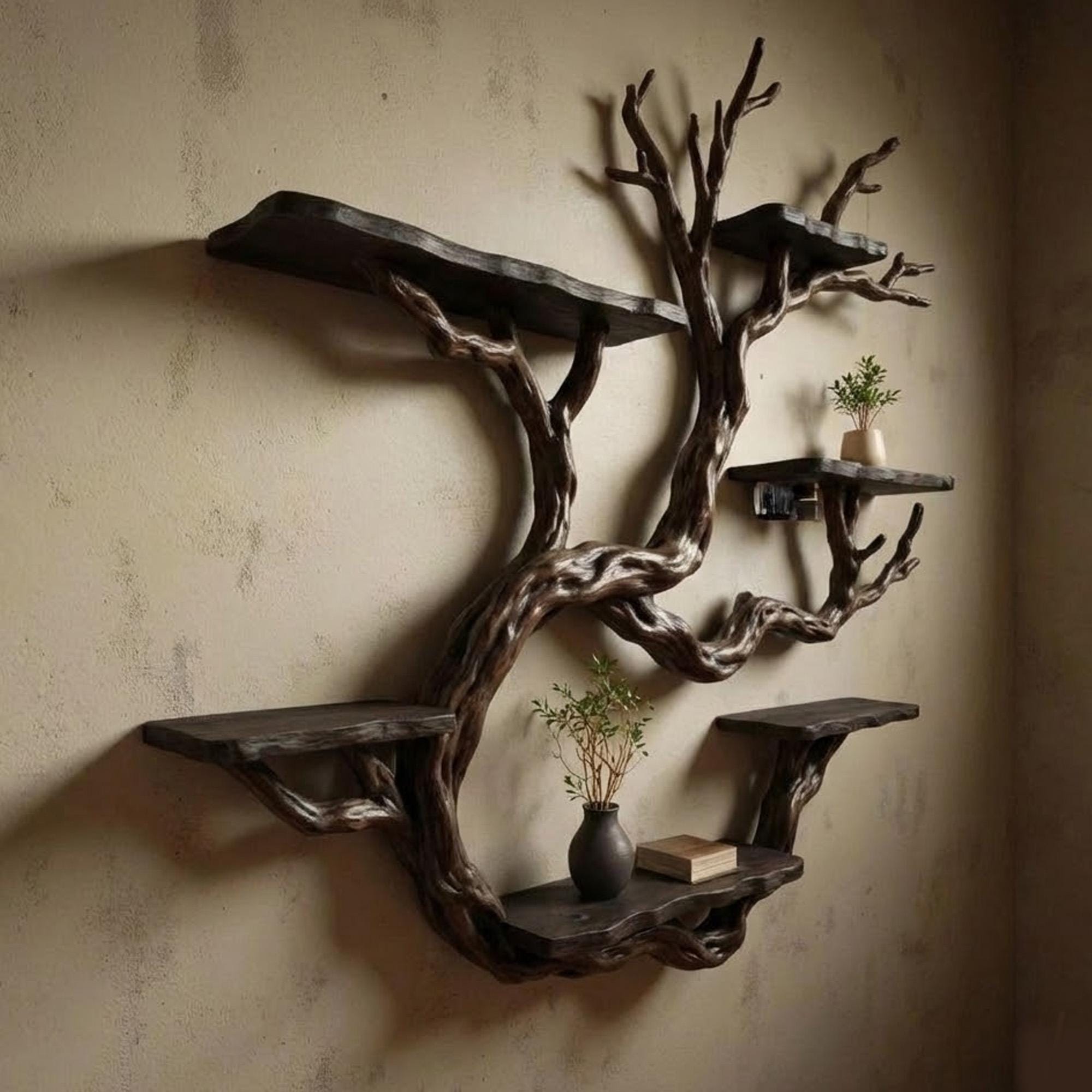 Wall mount driftwood tree shelf rustic bookshelf branch tree shape art sculptured housewarming