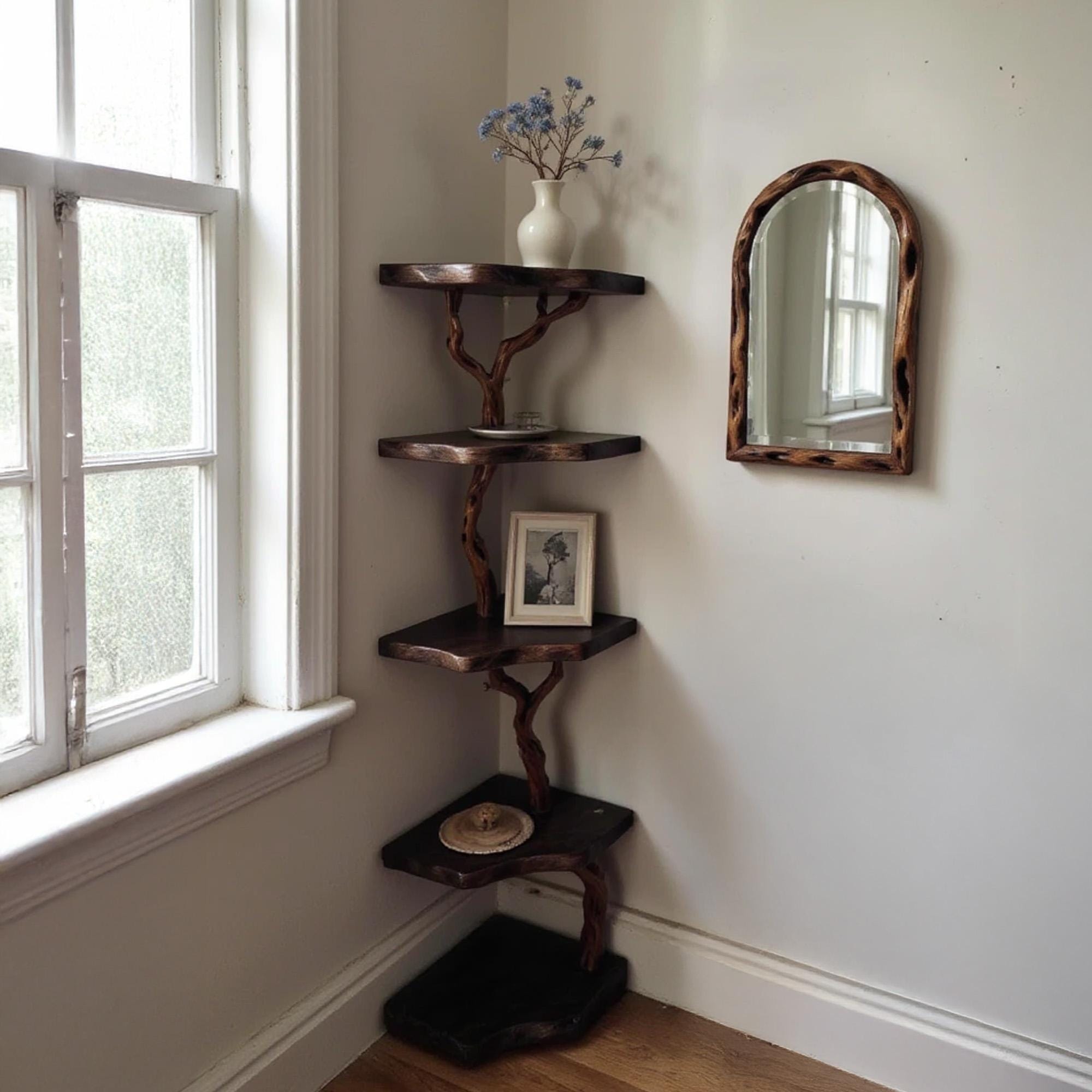 Corner floating bookshelf driftwood branch tree shelf solid wood bookcase live edge shelving wall mount driftwood rustic furniture