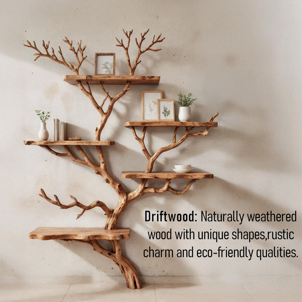 Driftwood branch shelf tree bookshelf wall mounted bookshelves art solid wood bookcase home decor for entryway space