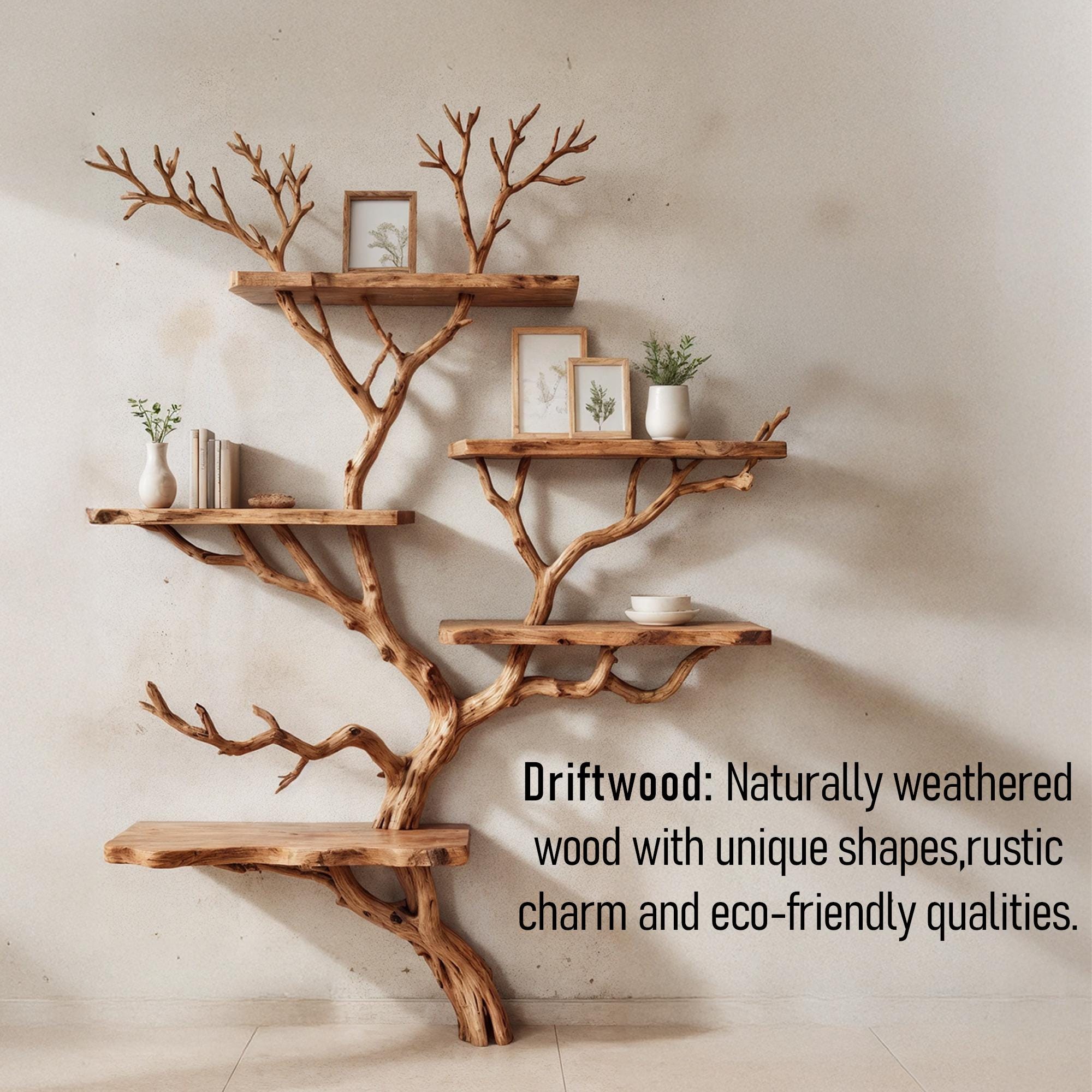Driftwood branch shelf tree bookshelf wall mounted bookshelves art solid wood bookcase home decor for entryway space