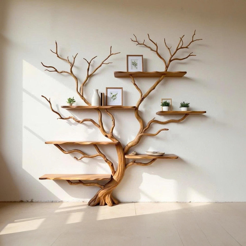 Driftwood Tree Branch Bookshelf: Rustic Wood Carving Wall Art