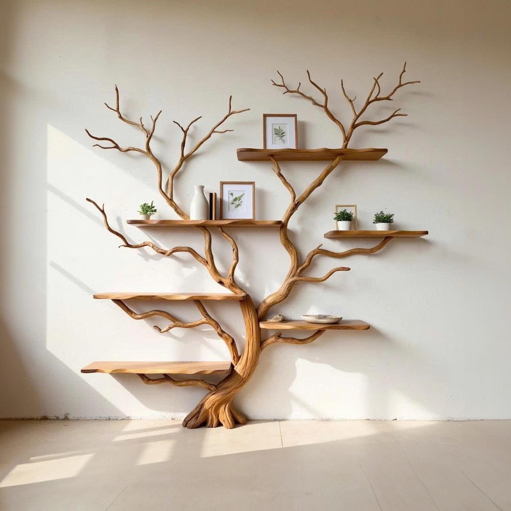 Driftwood Tree Branch Bookshelf: Rustic Wood Carving Wall Art