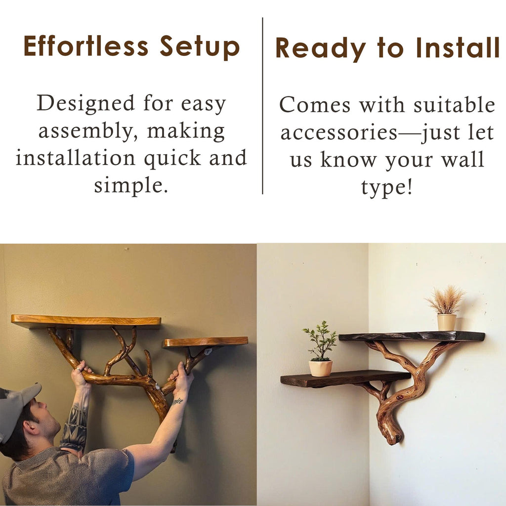 Floating bookshelf live edge floating corner shelves driftwood branch black wall shelf gift for the home