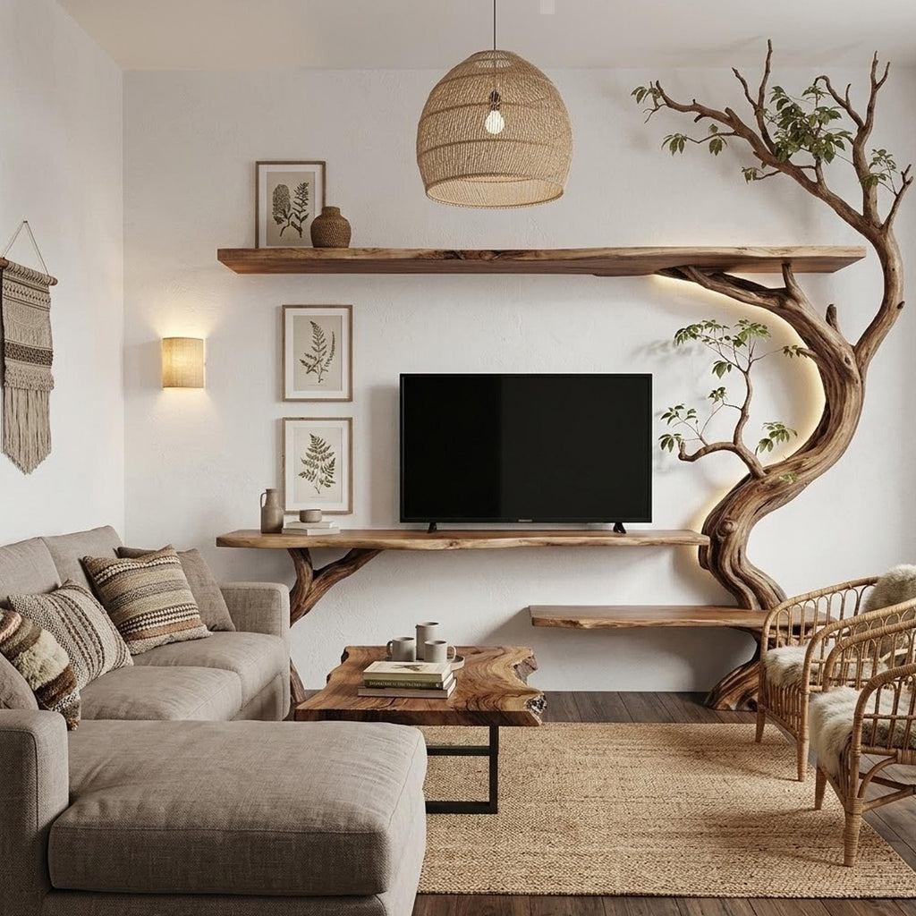 Tree branch tv stand solid wood bookshelf wall mounted live edge console table handmade entertainment center