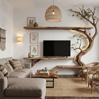 Tree branch tv stand solid wood bookshelf wall mounted live edge console table handmade entertainment center