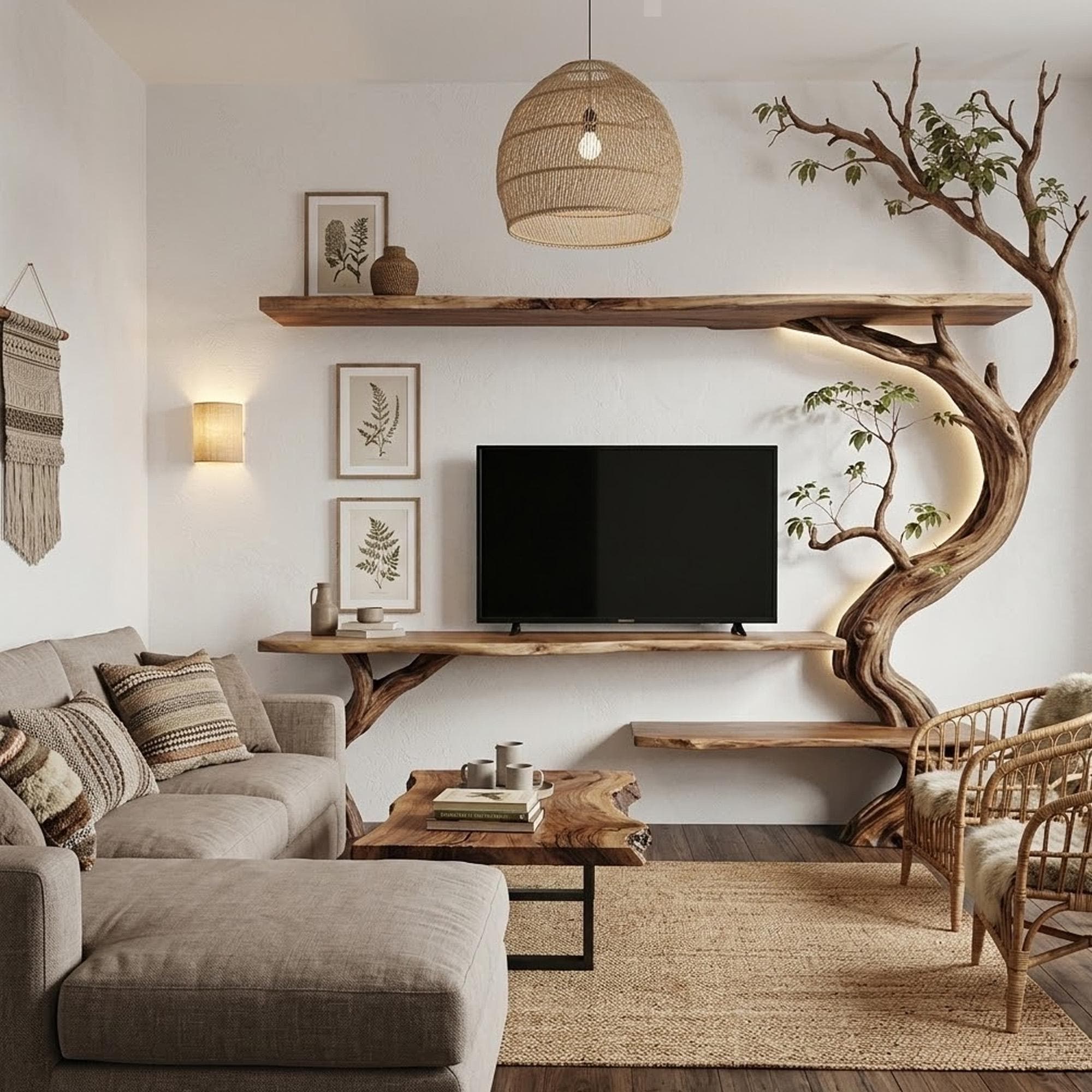 Tree branch tv stand solid wood bookshelf wall mounted live edge console table handmade entertainment center