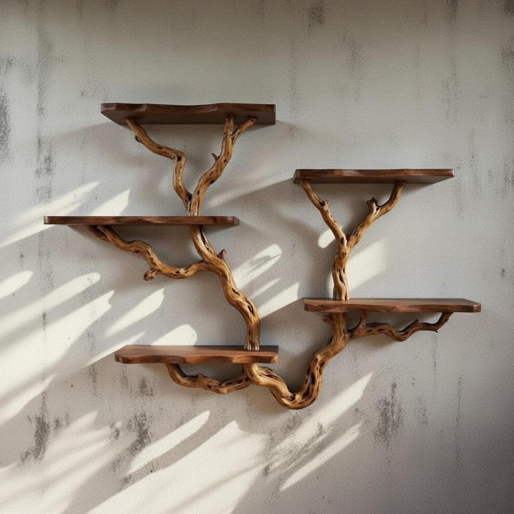 Driftwood floating tree bookshelf walnut color wall mount shelving bookcase solid wood live edge