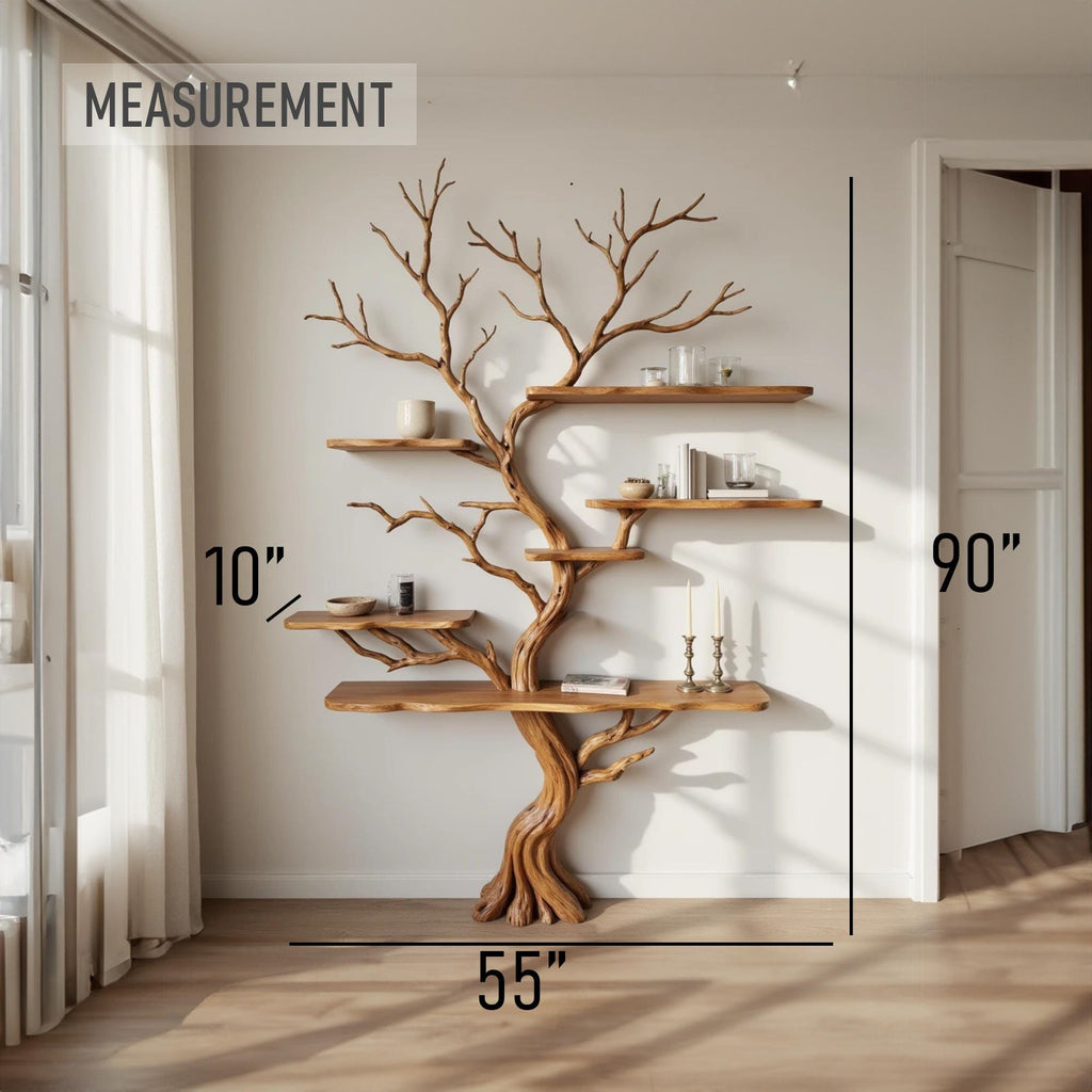Tree branch bookshelf art decor driftwood shelf wall mounted solid wood bookcase