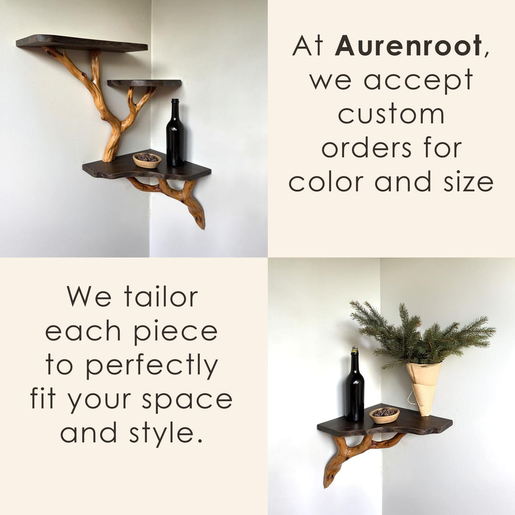 Wood corner floating bookshelf tree branch driftwood wall mount shelving branch shelf art handmade furniture