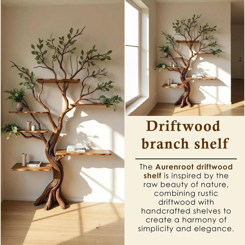 Driftwood branch bookshelf tree floating shelf solid wood bookcase home decor for living room