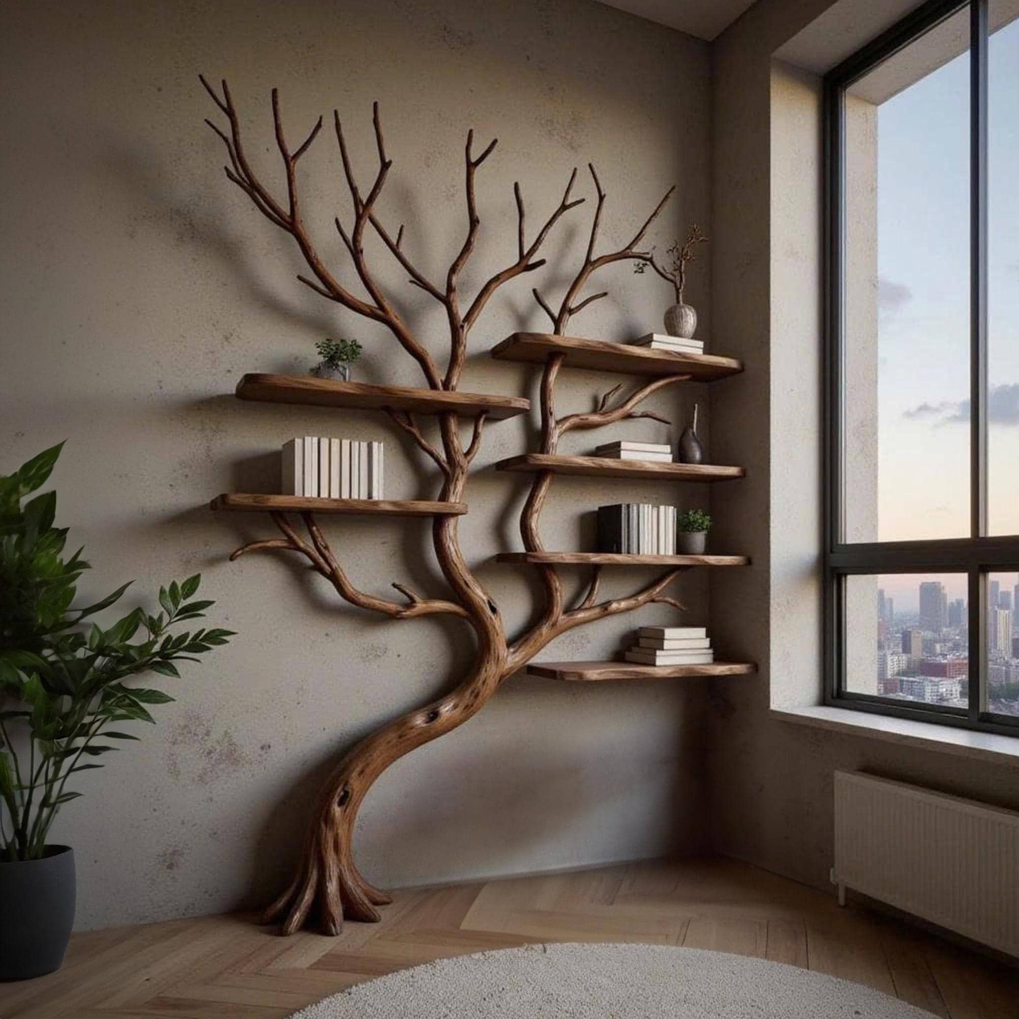 Corner driftwood tree branch solid wood bookshelf wall mount floating live edge furniture decoration