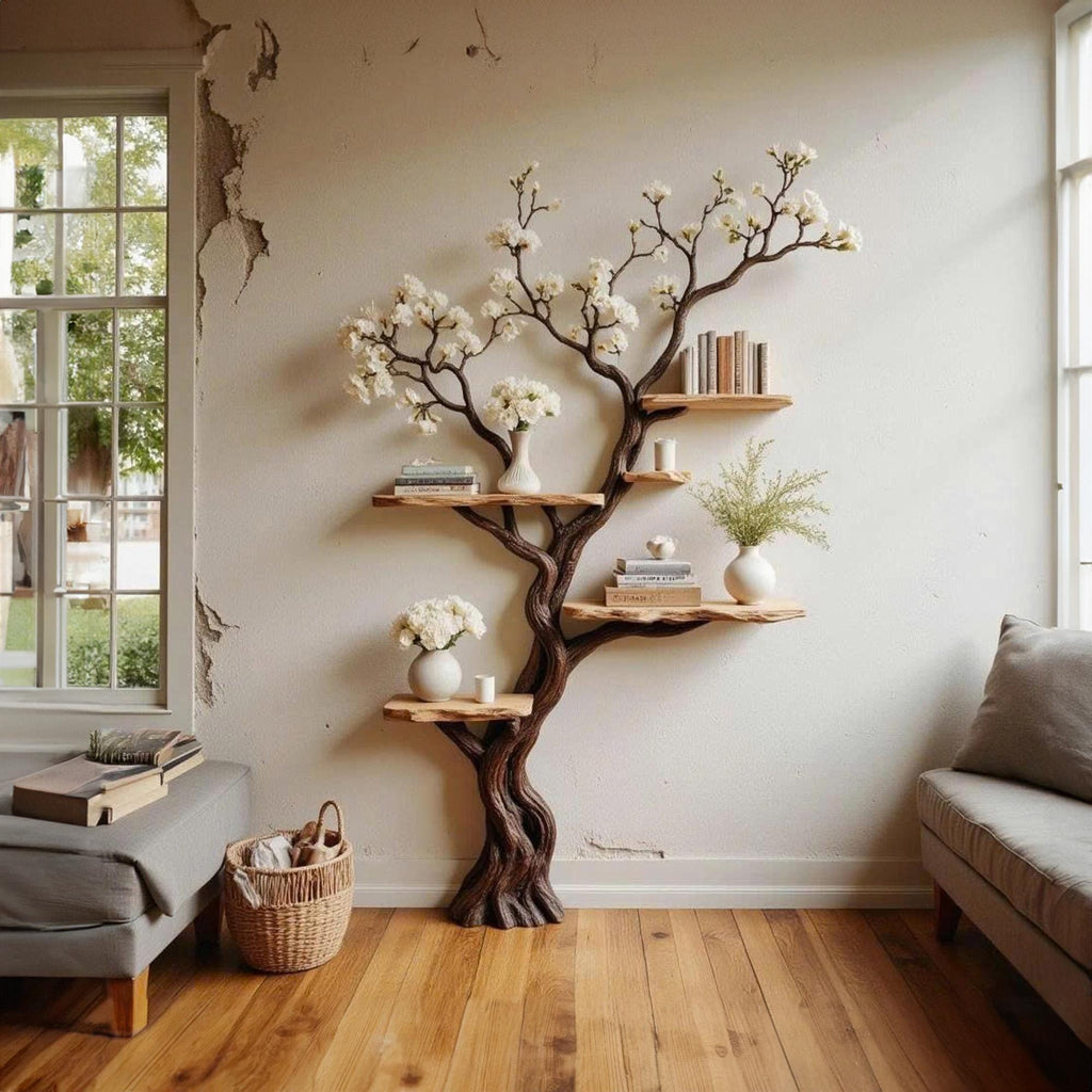 Tree floating shelf solid wood bookshelf wall art natural driftwood branch floor bookcase wood carving decor