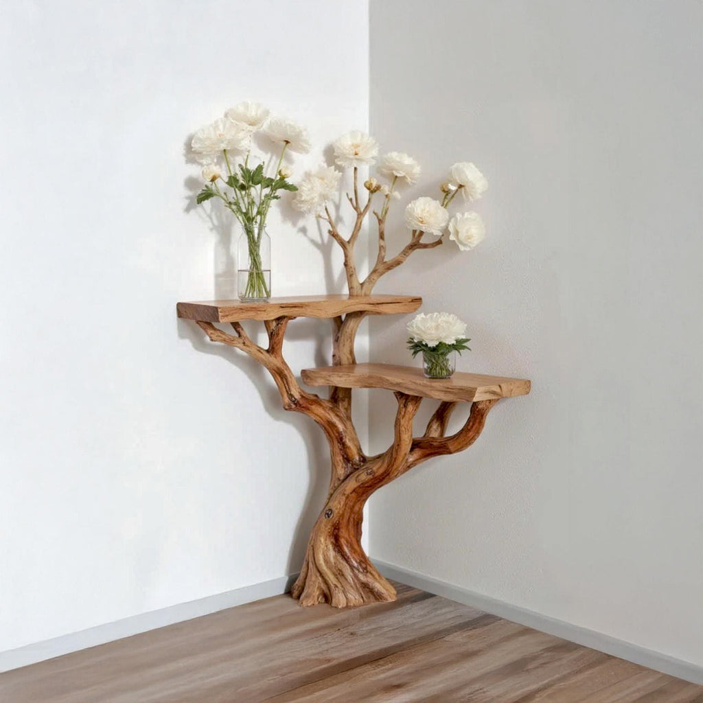 Corner floating console table tree branch driftwood entryway table solid wood plant stand rustic handmade furniture