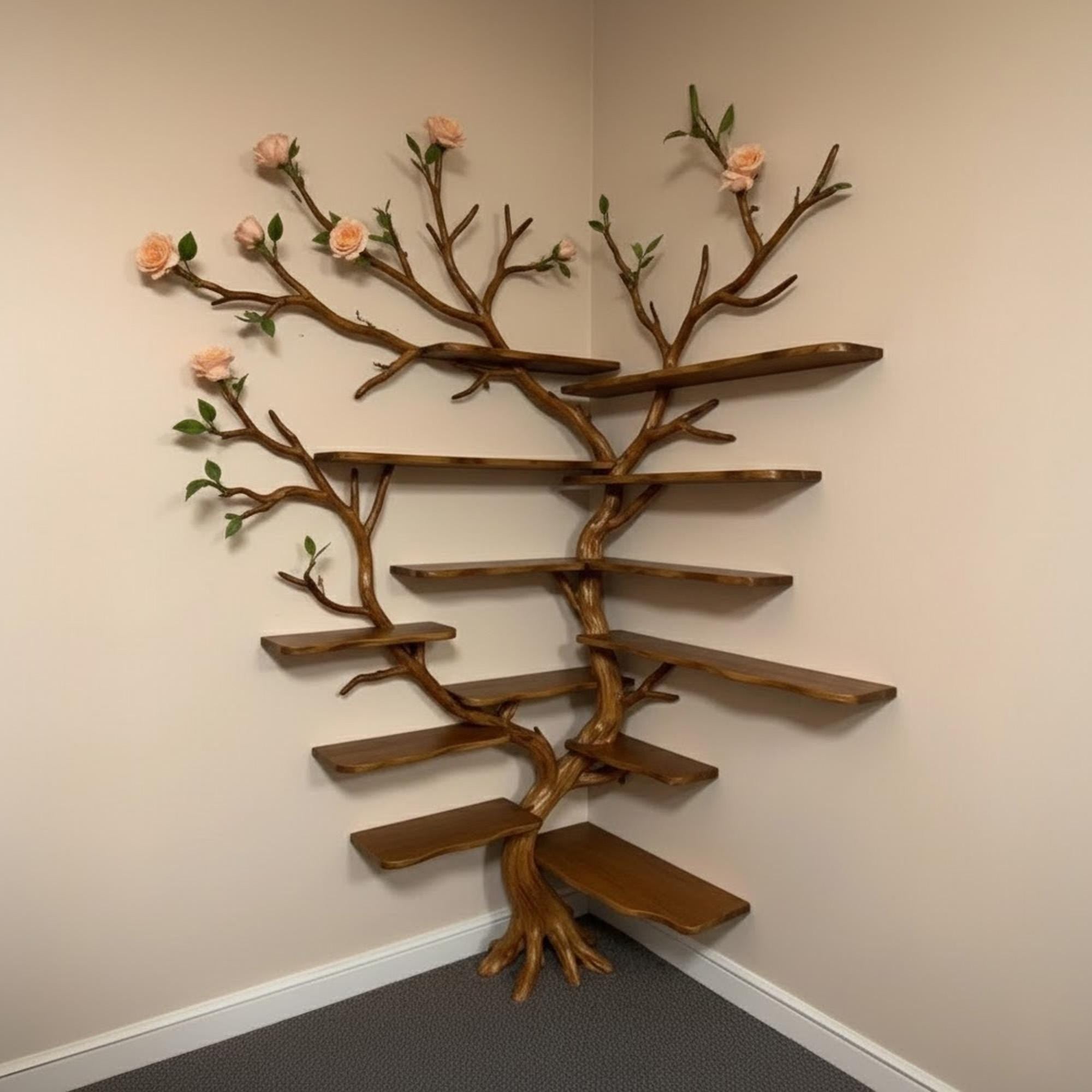 Corner driftwood tree bookshelf wall mount solid wood scupltured bookcase wood furniture decoration