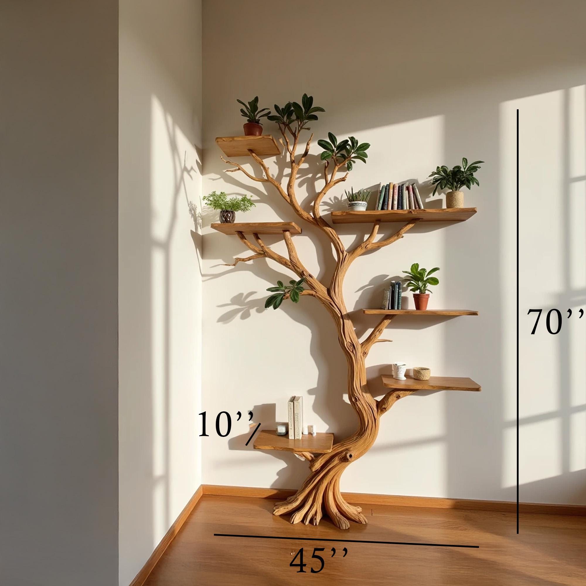Driftwood branch shelf tree bookshelf art solid wood bookcase home decor